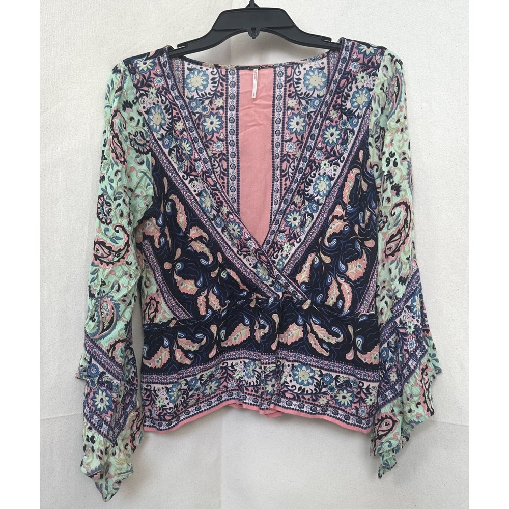 Free People Rosalie Boho Hippie Wrap V-neck Paisley Floral Bell Sleeve Top Sz. S